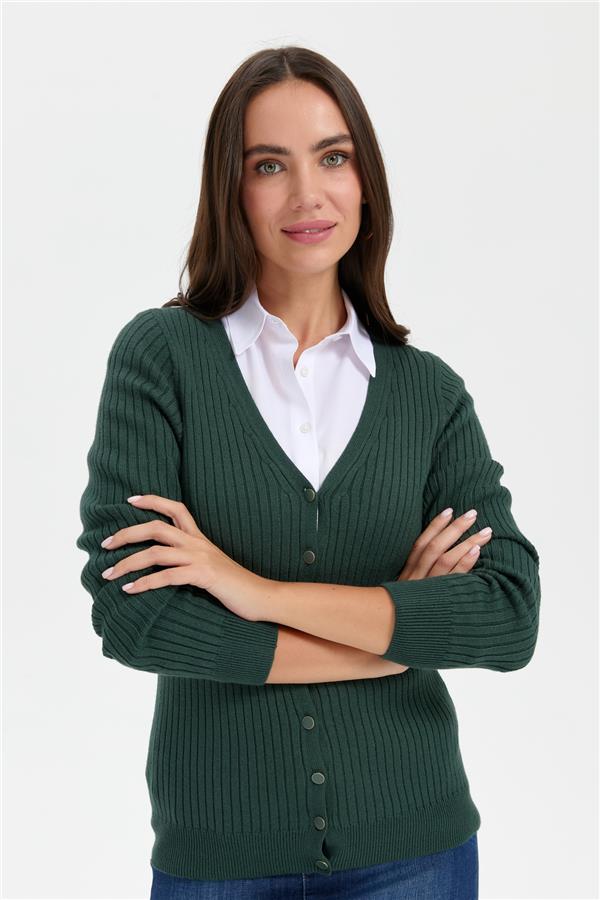 Kadın V Yaka Dikişsiz Hırka Yeşil