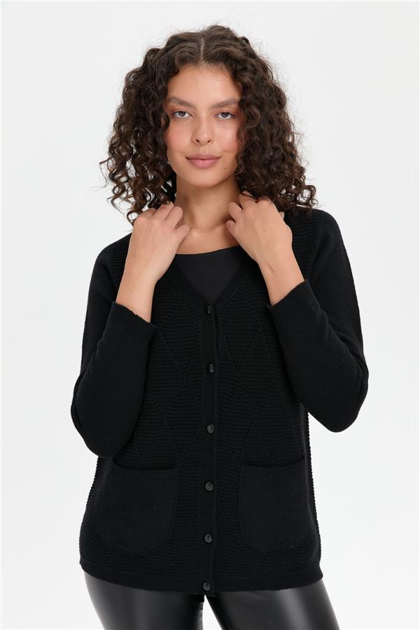 Kadın V Yaka Önü Baklavalı Düğmeli Yün Hırka Siyah