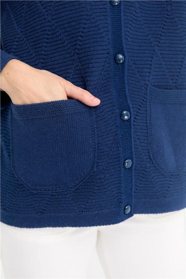 Kadın V Yaka Önü Baklavalı Düğmeli Yün Hırka İndigo