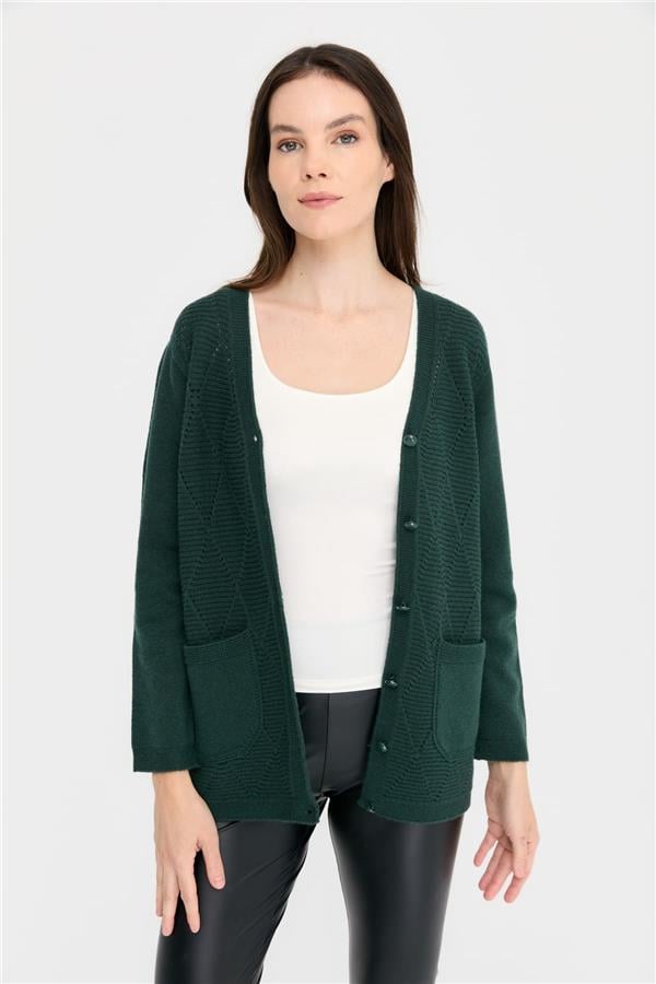 Kadın V Yaka Önü Baklavalı Düğmeli Yün Hırka Yeşil