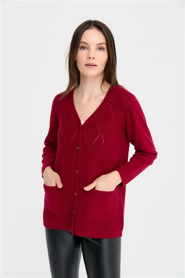 Kadın V Yaka Önü Baklavalı Düğmeli Yün Hırka V.Çürüğü