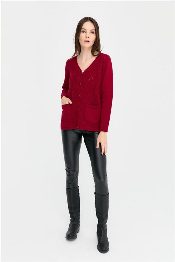 Kadın V Yaka Önü Baklavalı Düğmeli Yün Hırka V.Çürüğü