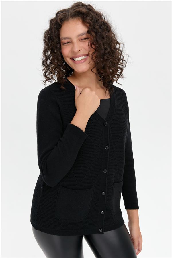 Kadın V Yaka Önü Baklavalı Düğmeli Yün Hırka Siyah