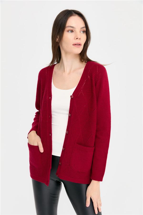 Kadın V Yaka Önü Baklavalı Düğmeli Yün Hırka V.Çürüğü