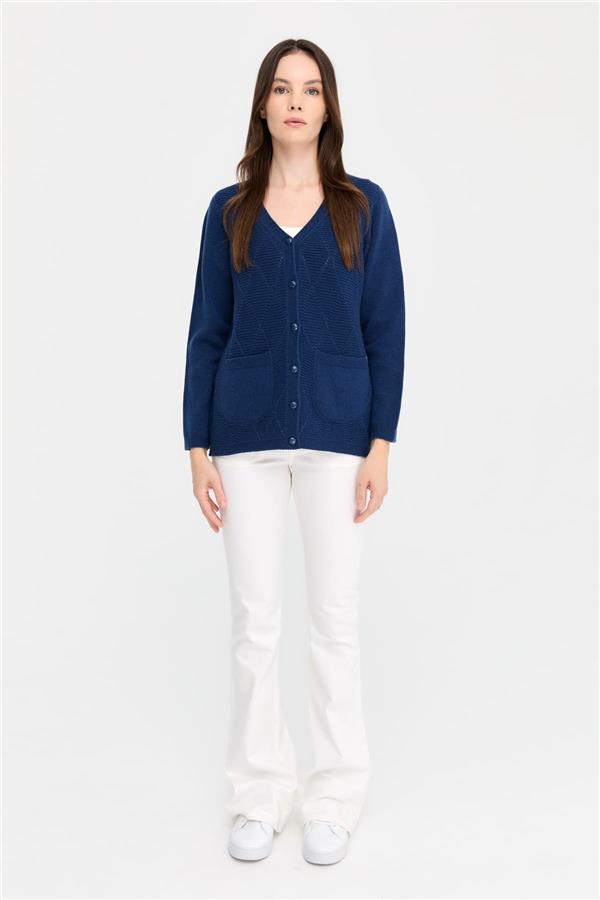 Kadın V Yaka Önü Baklavalı Düğmeli Yün Hırka İndigo