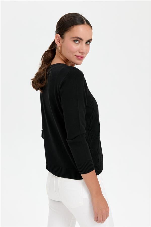 Kadın V Yaka Dikişsiz Önü Yürütmeli Kazak Siyah