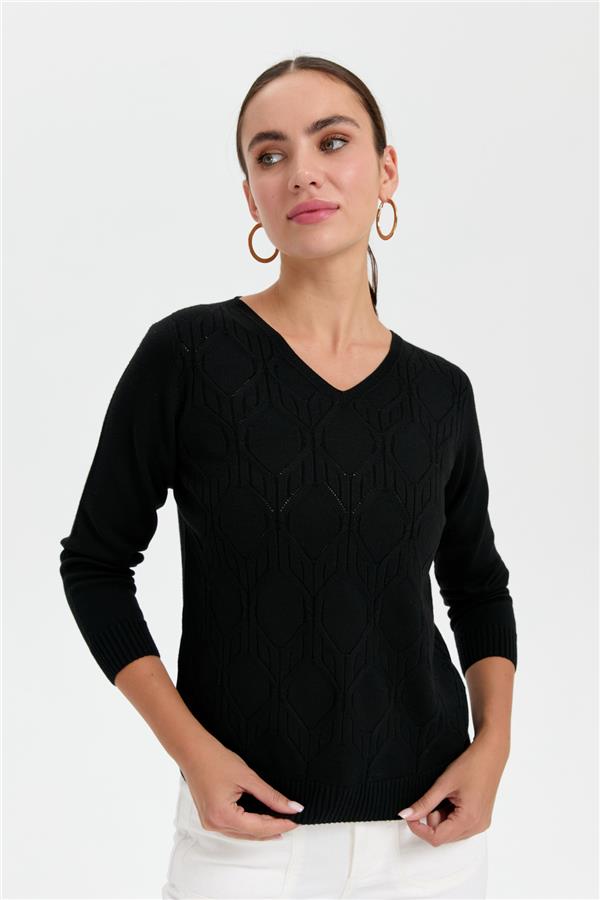 Kadın V Yaka Dikişsiz Önü Yürütmeli Kazak Siyah