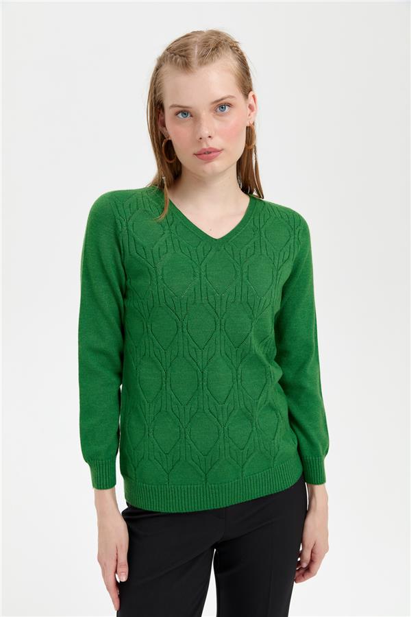 Kadın V Yaka Dikişsiz Önü Yürütmeli Kazak K.Yosun