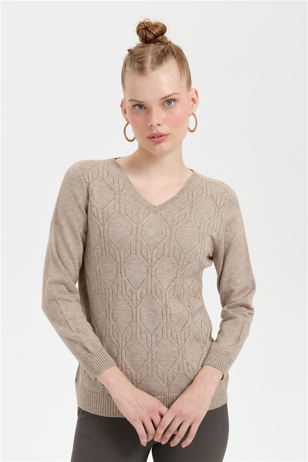 Kadın V Yaka Dikişsiz Önü Yürütmeli Kazak Vizon