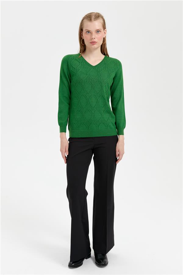 Kadın V Yaka Dikişsiz Önü Yürütmeli Kazak K.Yosun