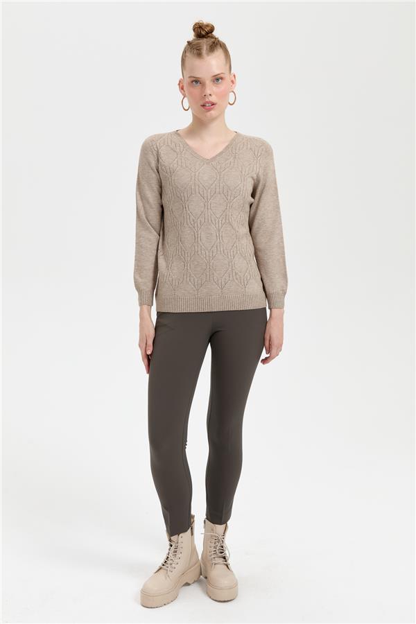 Kadın V Yaka Dikişsiz Önü Yürütmeli Kazak Vizon