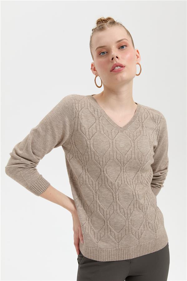 Kadın V Yaka Dikişsiz Önü Yürütmeli Kazak Vizon