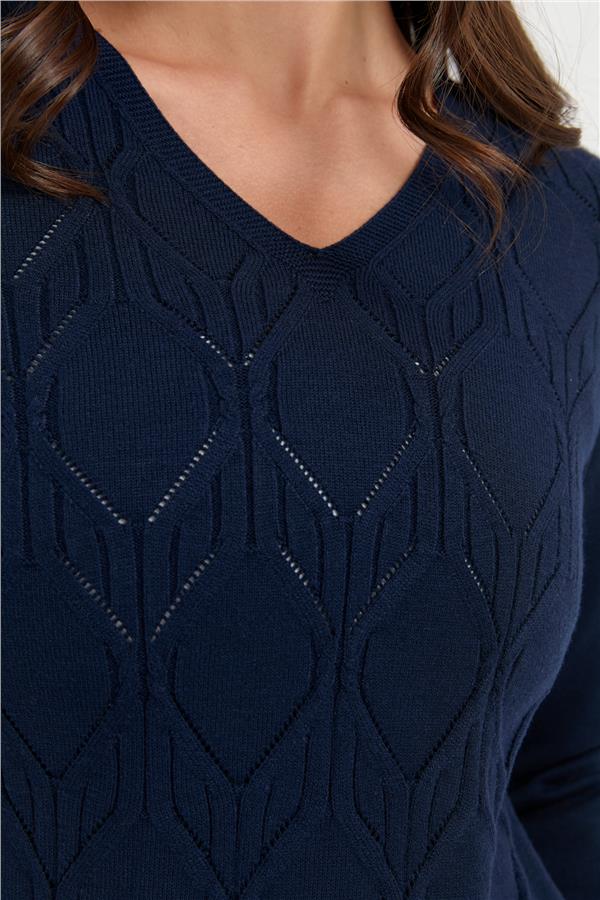 Kadın V Yaka Dikişsiz Önü Yürütmeli Kazak K.Lacivert