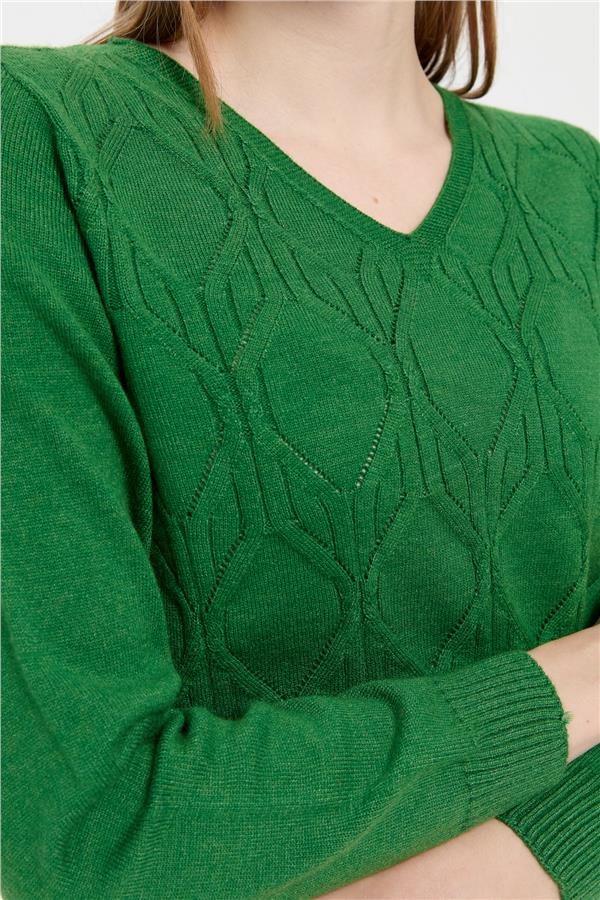 Kadın V Yaka Dikişsiz Önü Yürütmeli Kazak K.Yosun