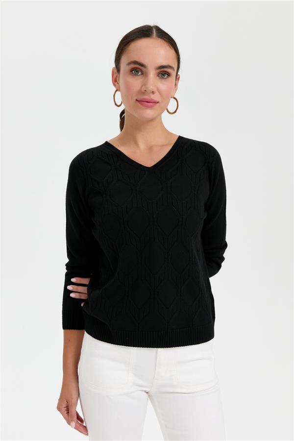 Kadın V Yaka Dikişsiz Önü Yürütmeli Kazak Siyah