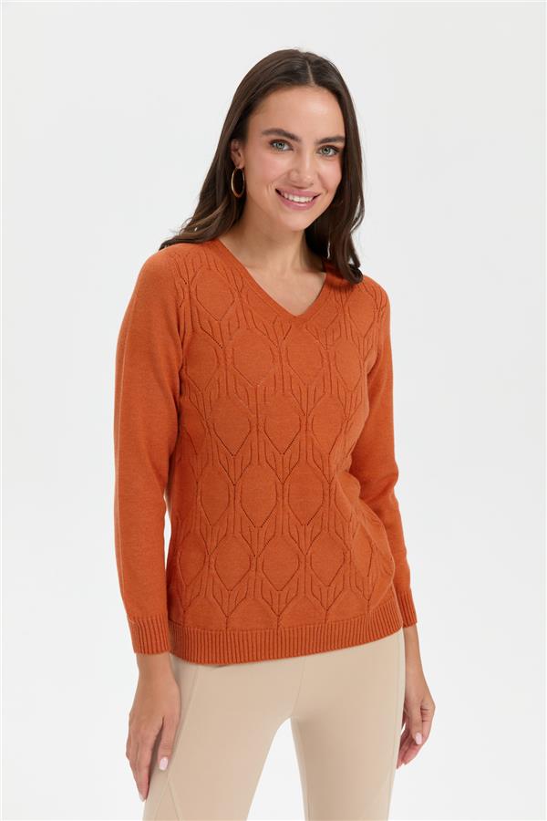 Kadın V Yaka Dikişsiz Önü Yürütmeli Kazak Turuncu