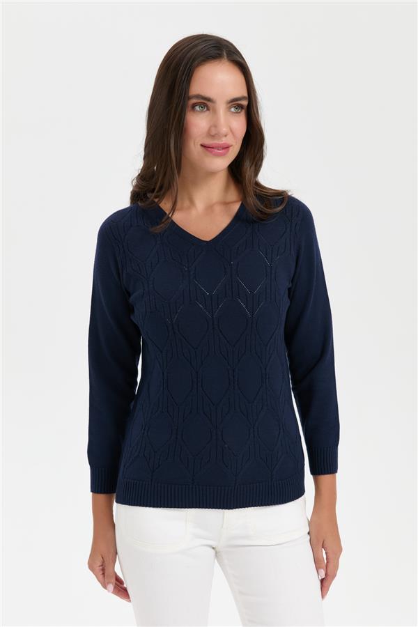 Kadın V Yaka Dikişsiz Önü Yürütmeli Kazak K.Lacivert