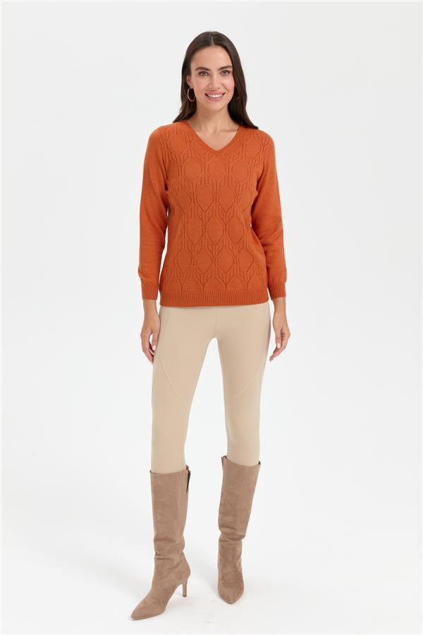 Kadın V Yaka Dikişsiz Önü Yürütmeli Kazak Turuncu