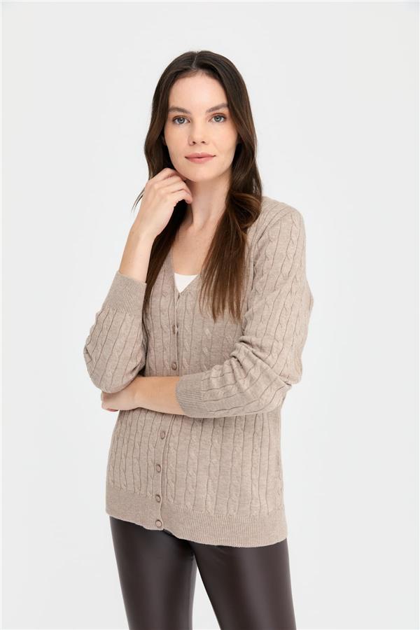 Kadın V Yaka Dikişsiz Saç Örgülü Hırka Vizon