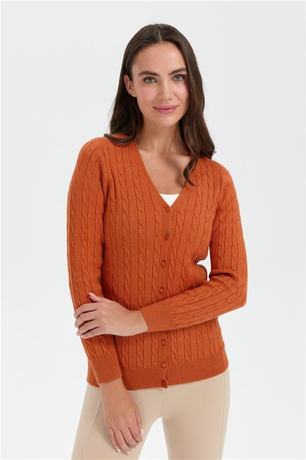 Kadın V Yaka Dikişsiz Saç Örgülü Hırka Turuncu