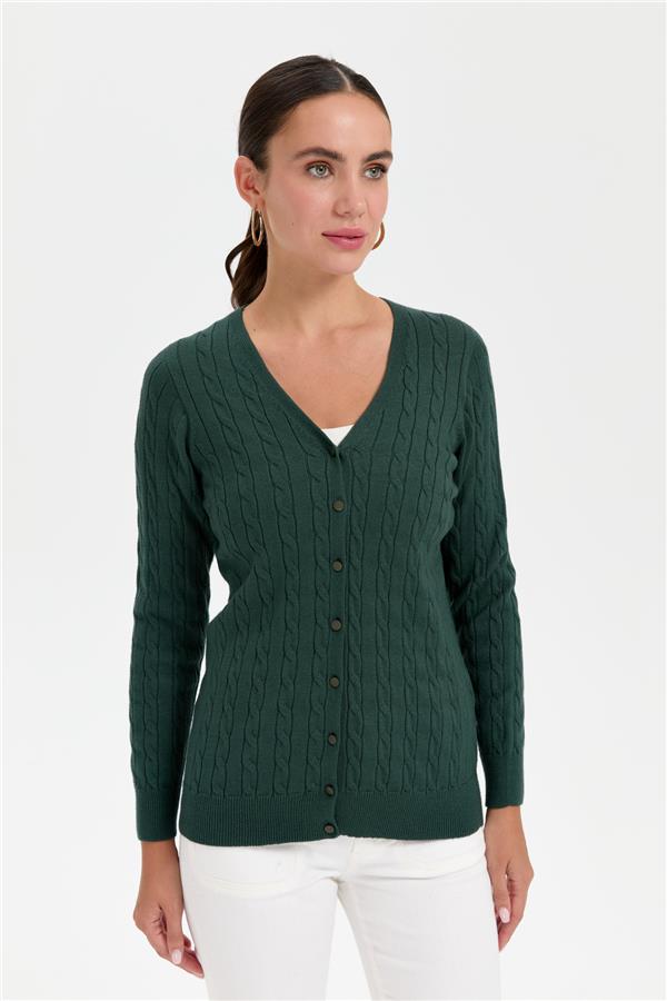 Kadın V Yaka Dikişsiz Saç Örgülü Hırka Yeşil
