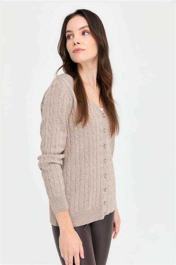 Kadın V Yaka Dikişsiz Saç Örgülü Hırka Vizon