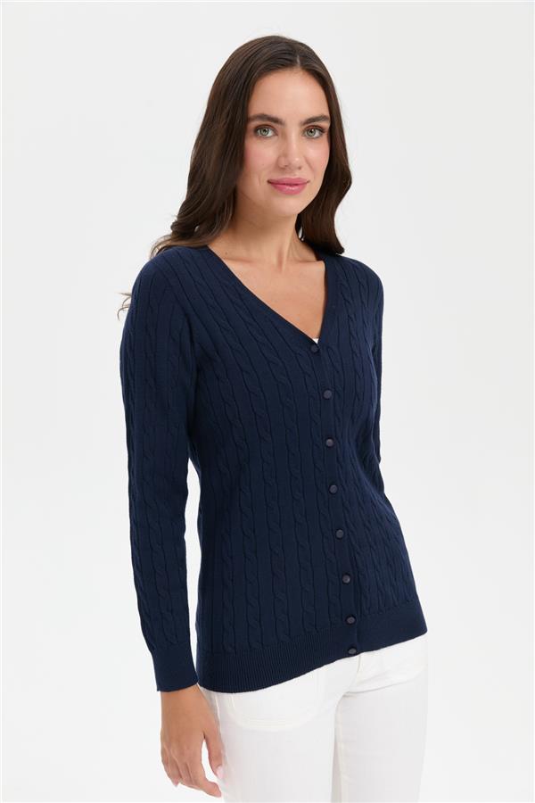 Kadın V Yaka Dikişsiz Saç Örgülü Hırka K.Lacivert