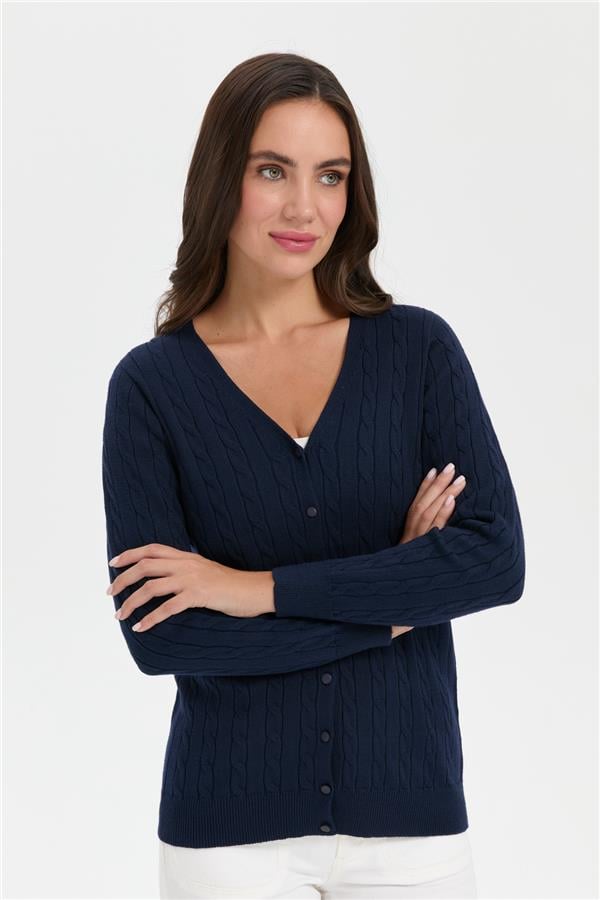 Kadın V Yaka Dikişsiz Saç Örgülü Hırka K.Lacivert
