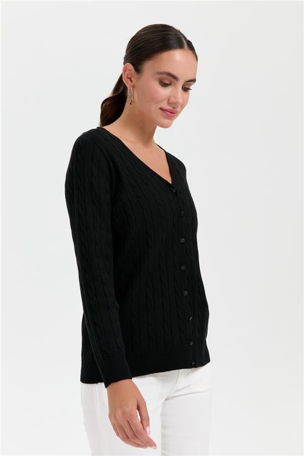 Kadın V Yaka Dikişsiz Saç Örgülü Hırka Siyah