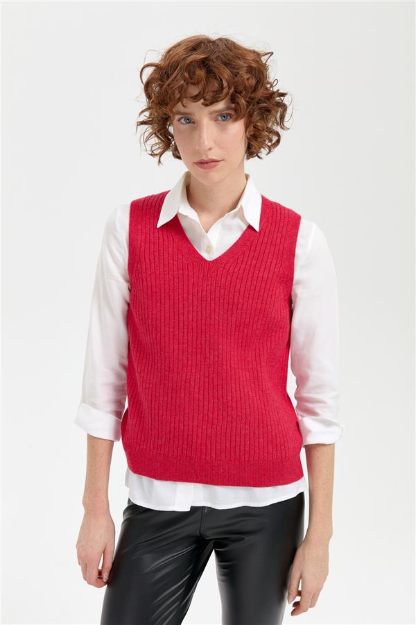 Kadın V Yaka Dikişsiz Süveter Kırmızı