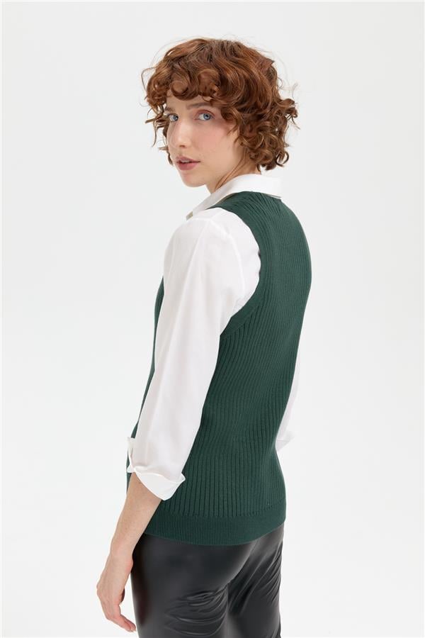 Kadın V Yaka Dikişsiz Süveter Yeşil