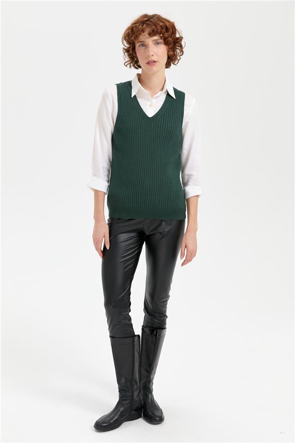 Kadın V Yaka Dikişsiz Süveter Yeşil