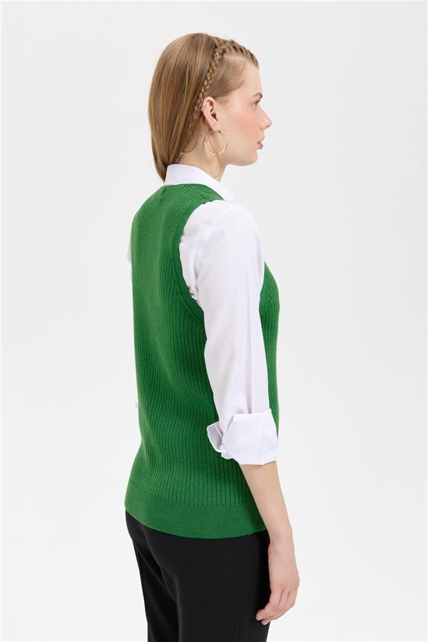 Kadın V Yaka Dikişsiz Yelek K.Yosun