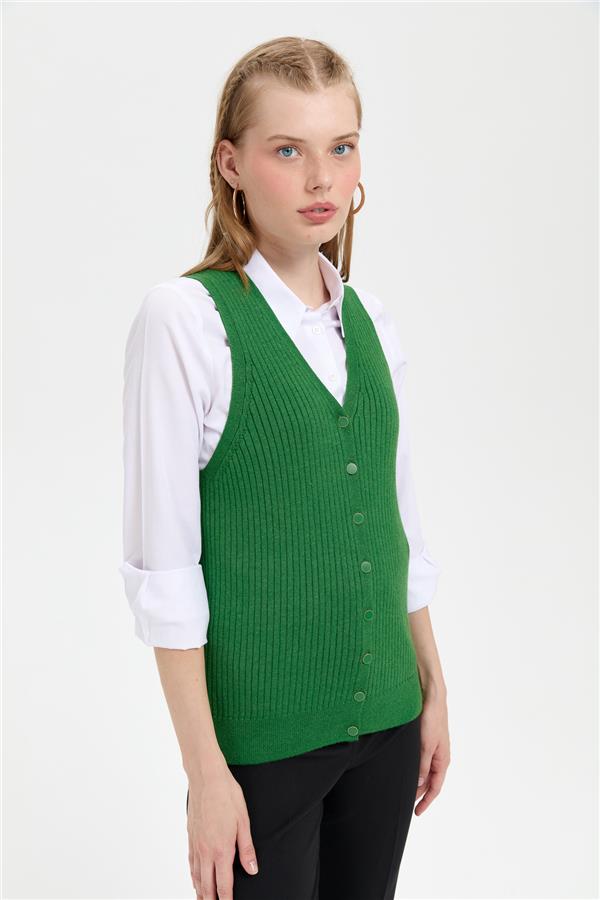 Kadın V Yaka Dikişsiz Yelek K.Yosun