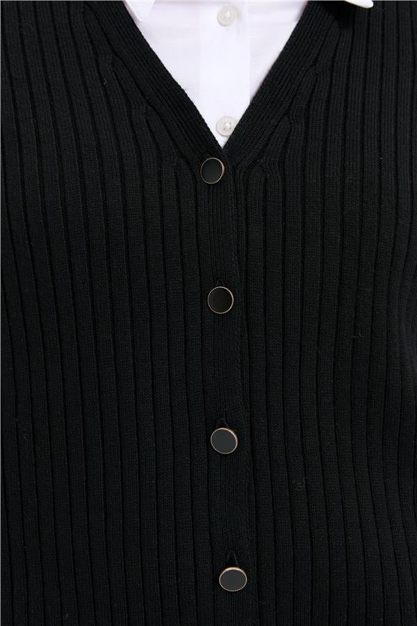 Kadın V Yaka Dikişsiz Yelek Siyah