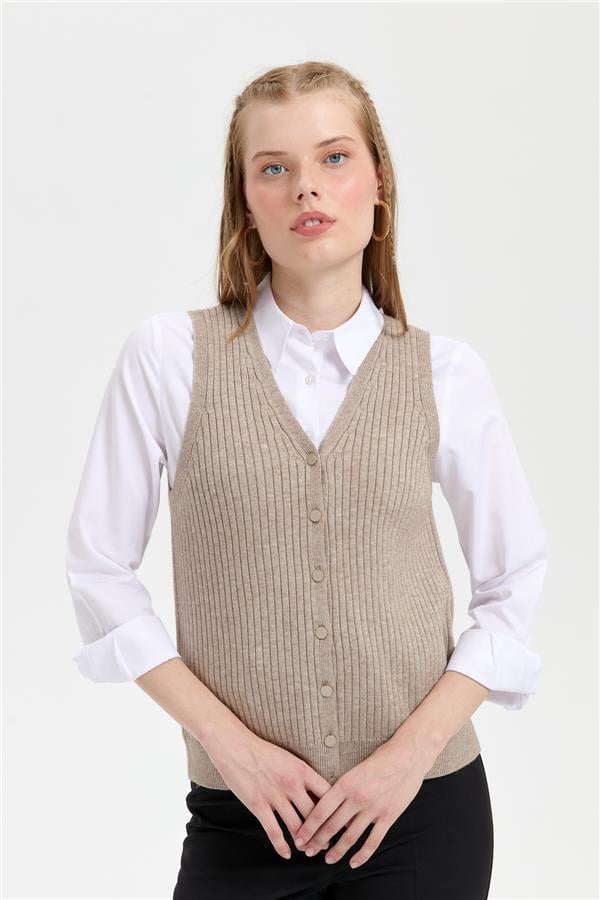 Kadın V Yaka Dikişsiz Yelek Vizon