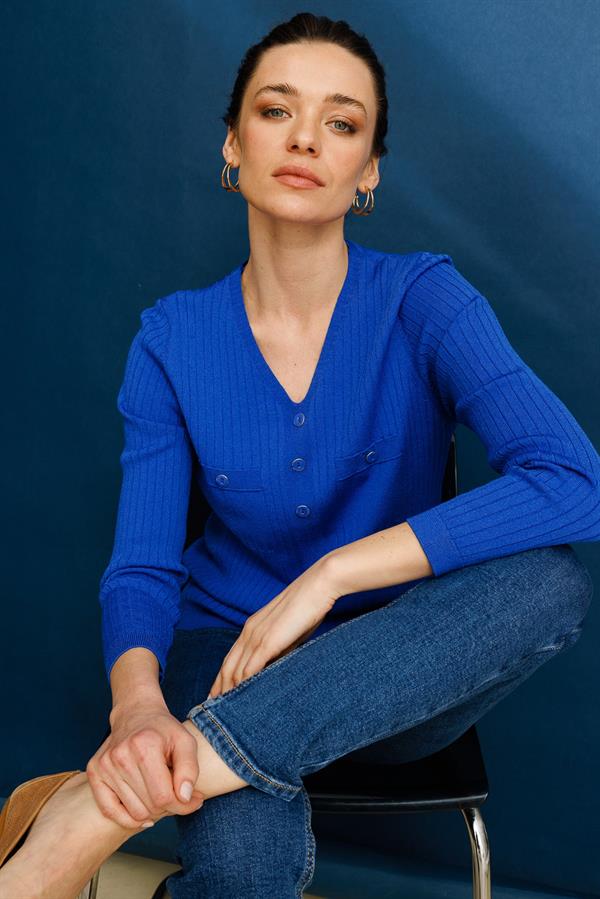 Kadın V Yaka Fitilli Bluz Saks