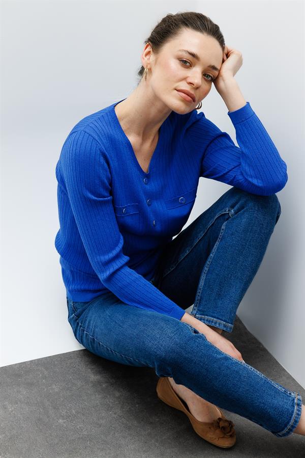 Kadın V Yaka Fitilli Bluz Saks