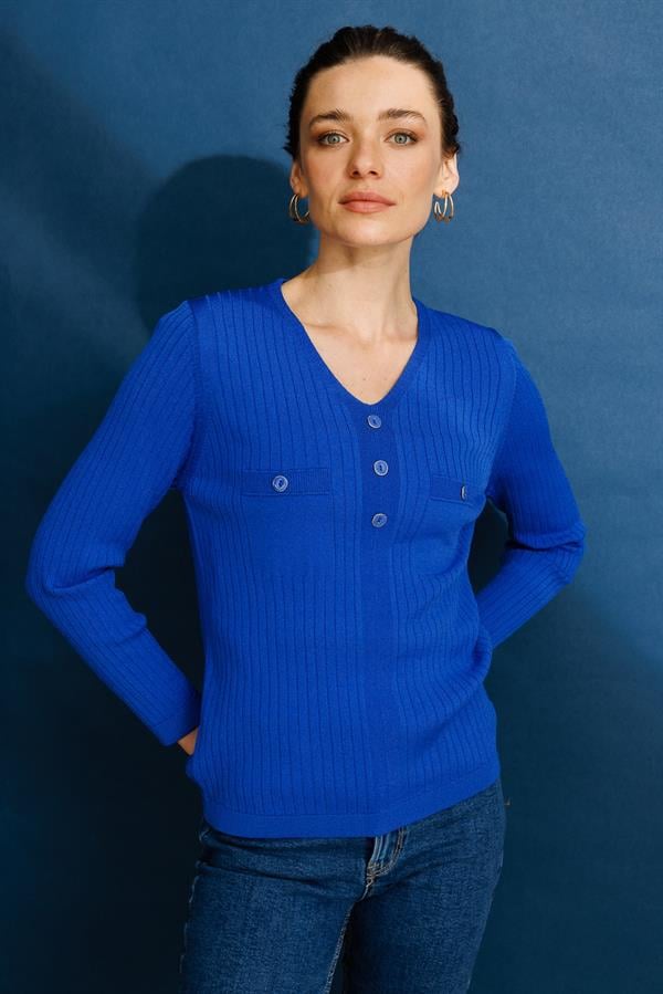 Kadın V Yaka Fitilli Bluz Saks