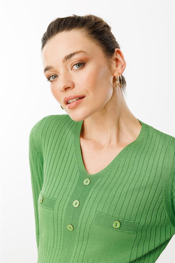 Kadın V Yaka Fitilli Bluz Yosun