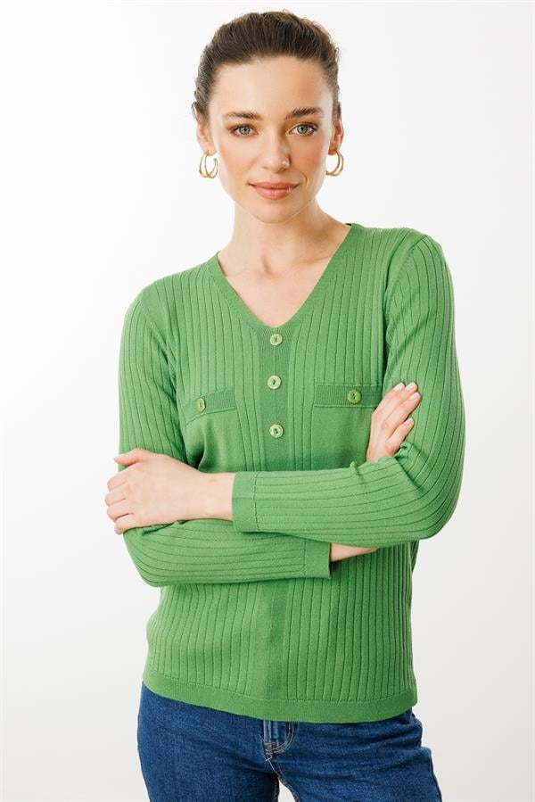 Kadın V Yaka Fitilli Bluz Yosun