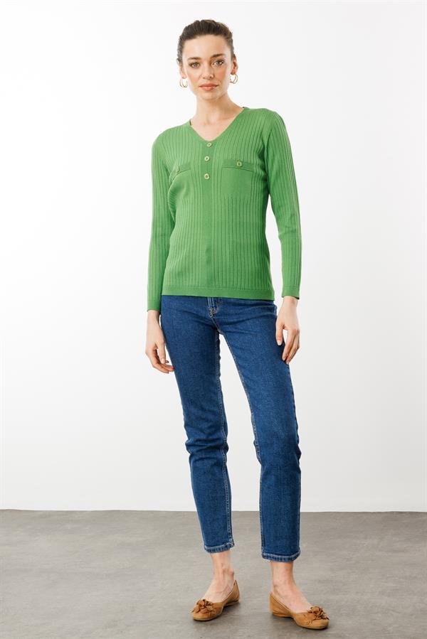 Kadın V Yaka Fitilli Bluz Yosun