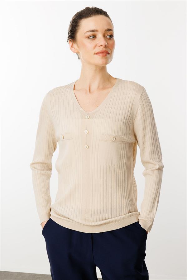 Kadın V Yaka Fitilli Bluz Bej