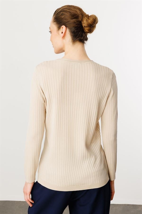 Kadın V Yaka Fitilli Bluz Bej