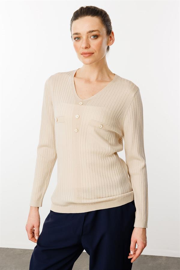 Kadın V Yaka Fitilli Bluz Bej