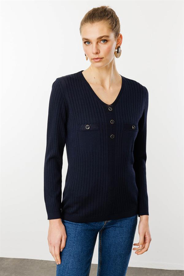 Kadın V Yaka Fitilli Bluz Lacivert
