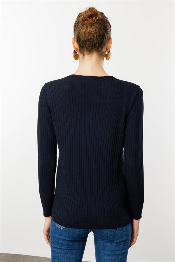 Kadın V Yaka Fitilli Bluz Lacivert