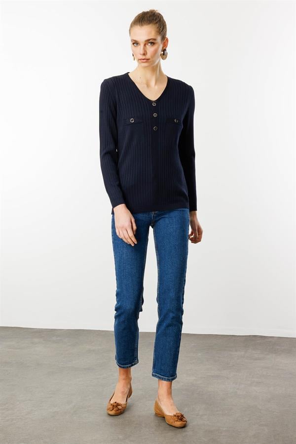 Kadın V Yaka Fitilli Bluz Lacivert