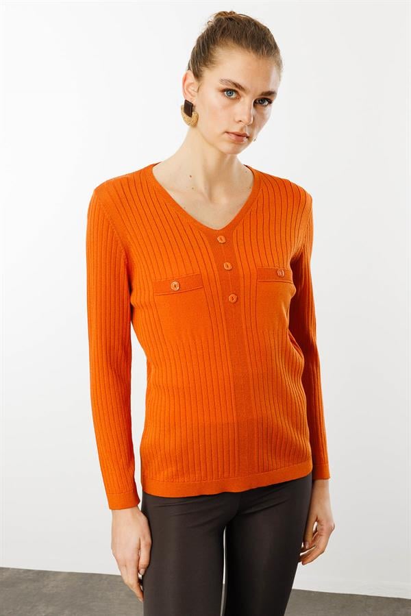 Kadın V Yaka Fitilli Bluz Oranj