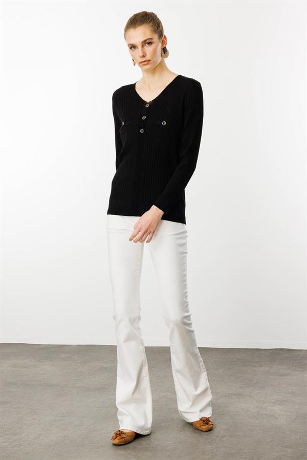 Kadın V Yaka Fitilli Bluz Siyah